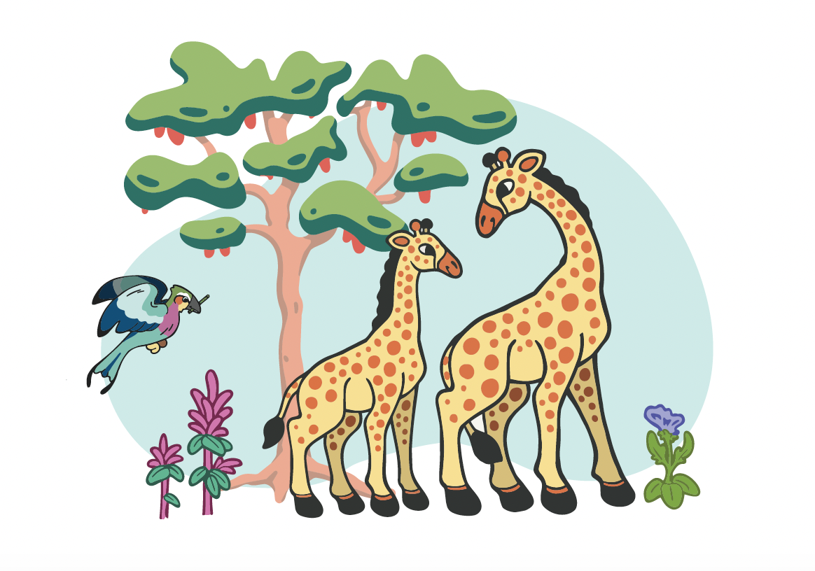 Two illustrated giraffes under an acacia tree with a lilac-breasted roller, pink protea and violet wildflower