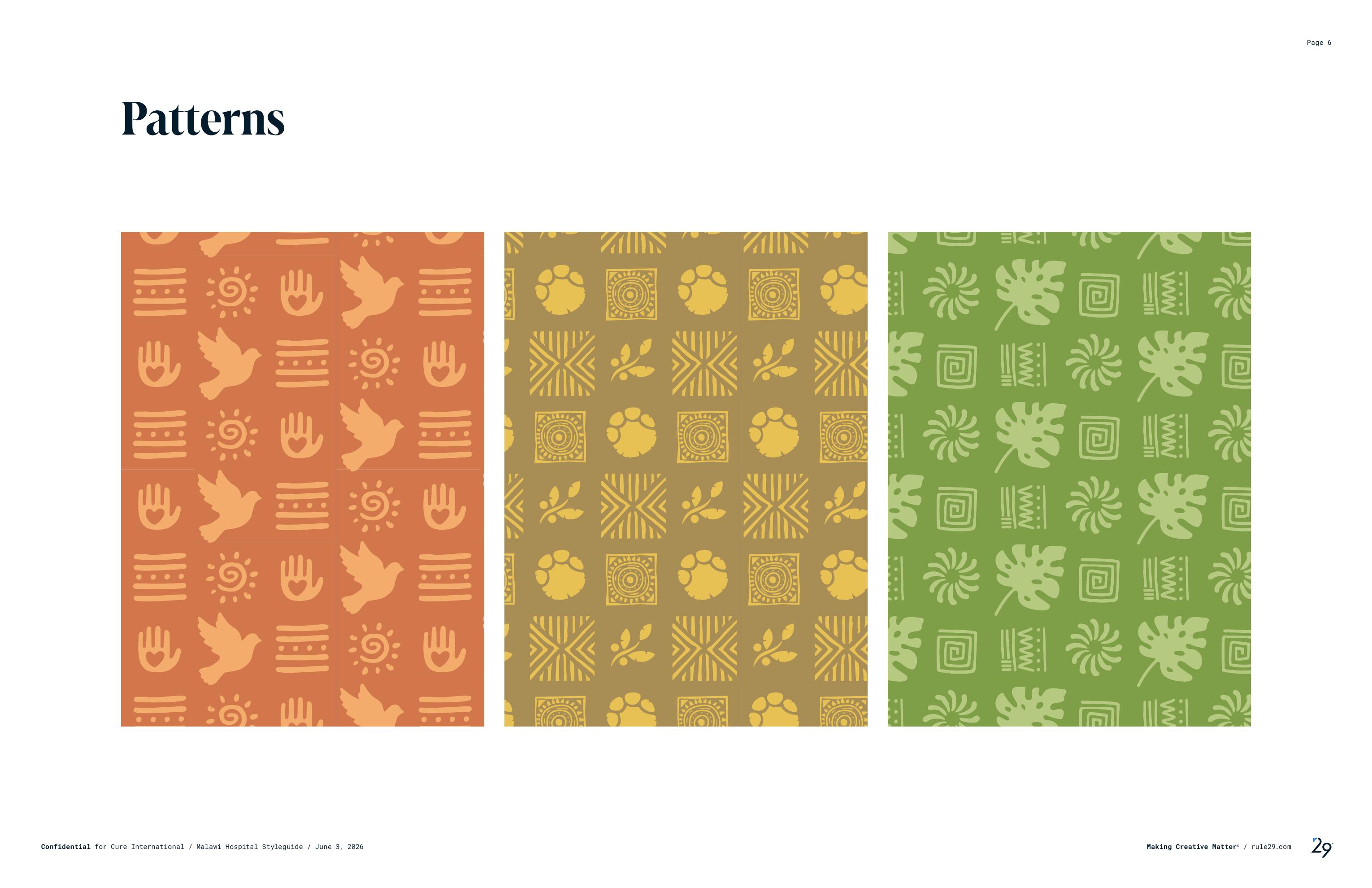 Three production-ready patterns: terracotta dove and sun, ochre textile motifs, fern green leaf and spiral