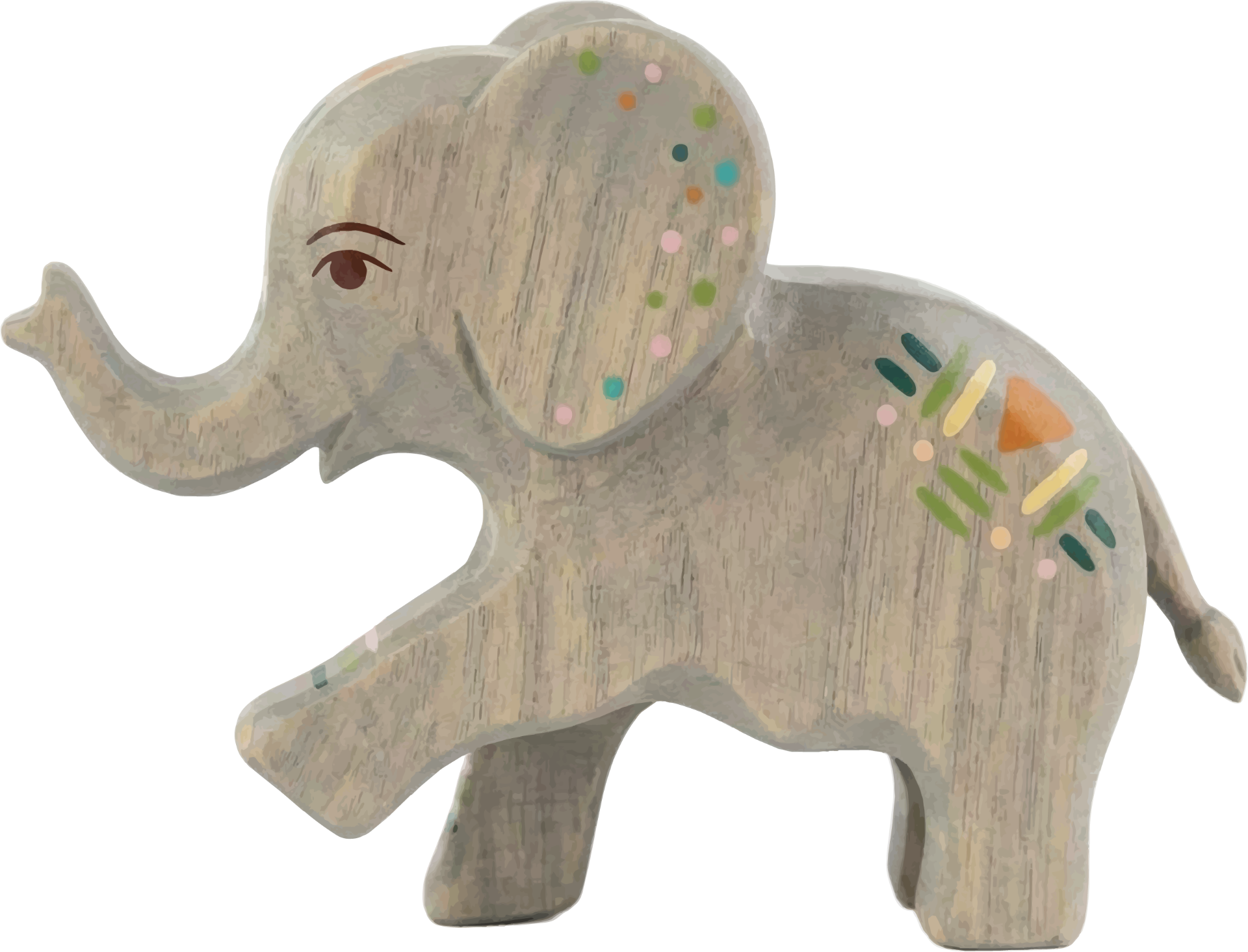 Hand-carved baby elephant with painted dots and grass strokes