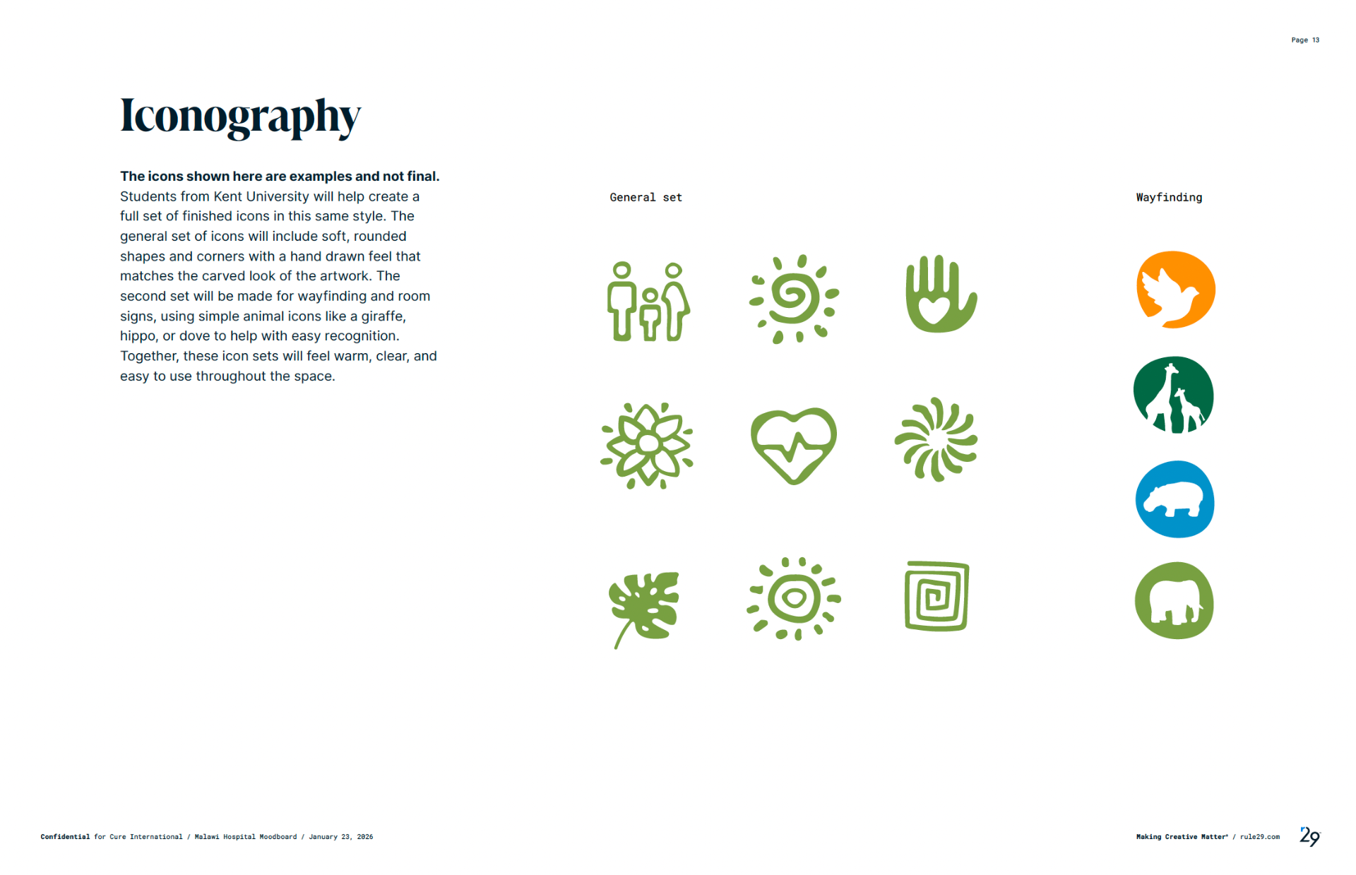 Iconography page with a general icon set in green and a wayfinding set of animal medallions