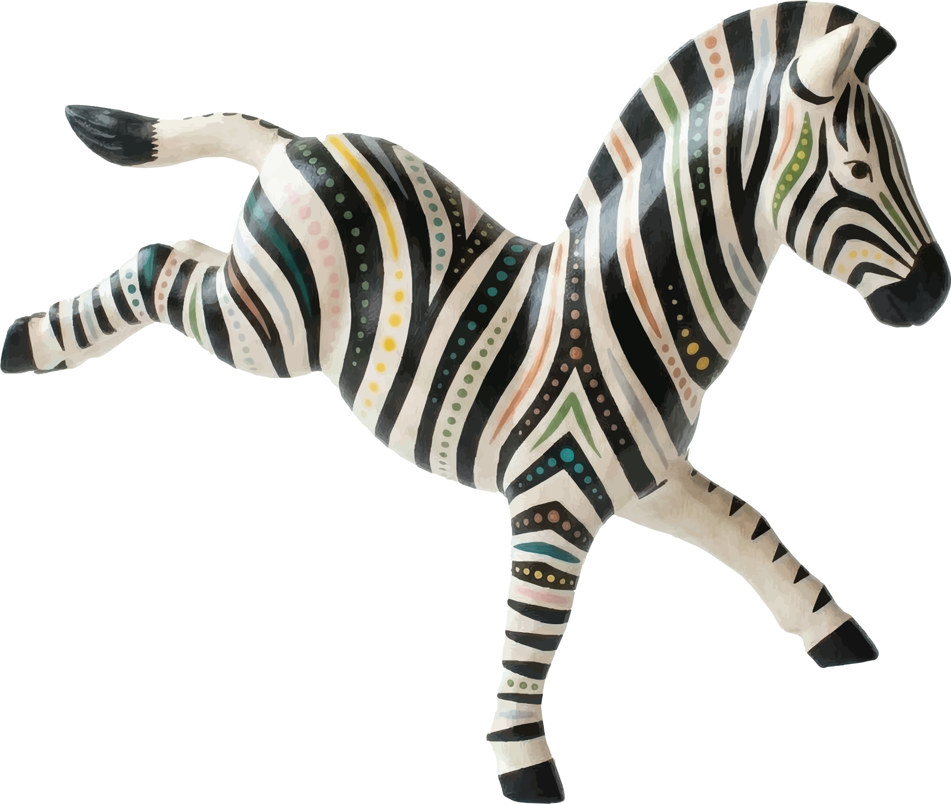 Hand-carved zebra in mid-leap with painted dots and color accents on its stripes