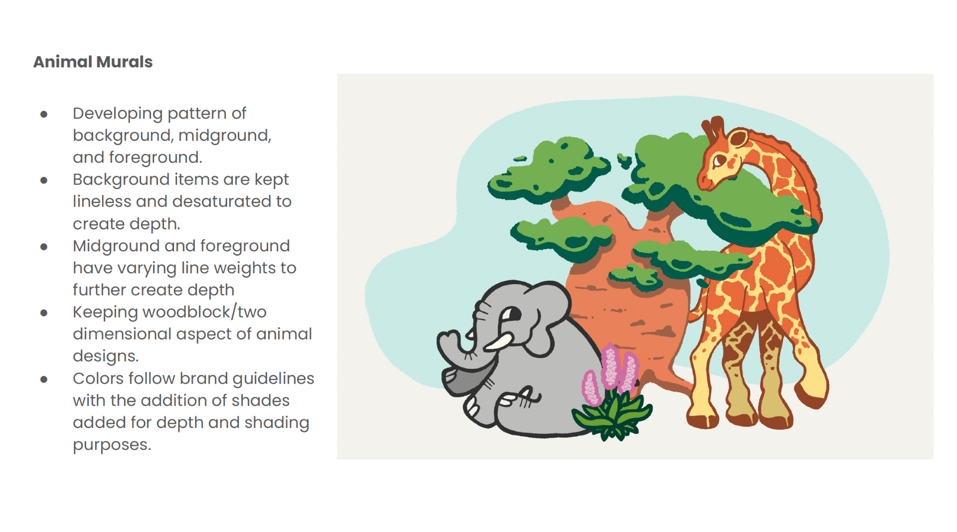 Animal mural with giraffe, elephant and baobab using layered depth