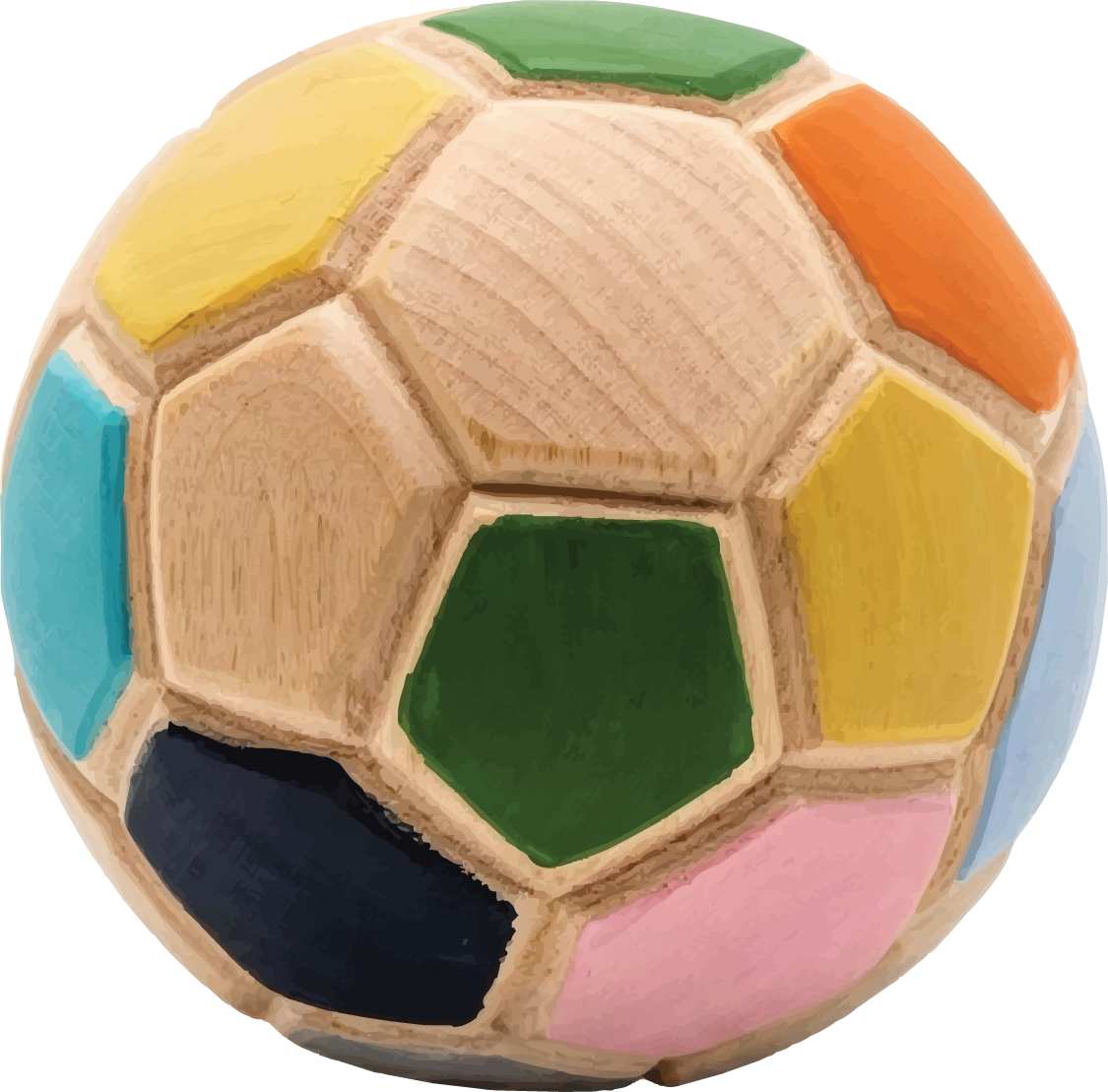 Hand-carved wooden soccer ball with painted color pentagons
