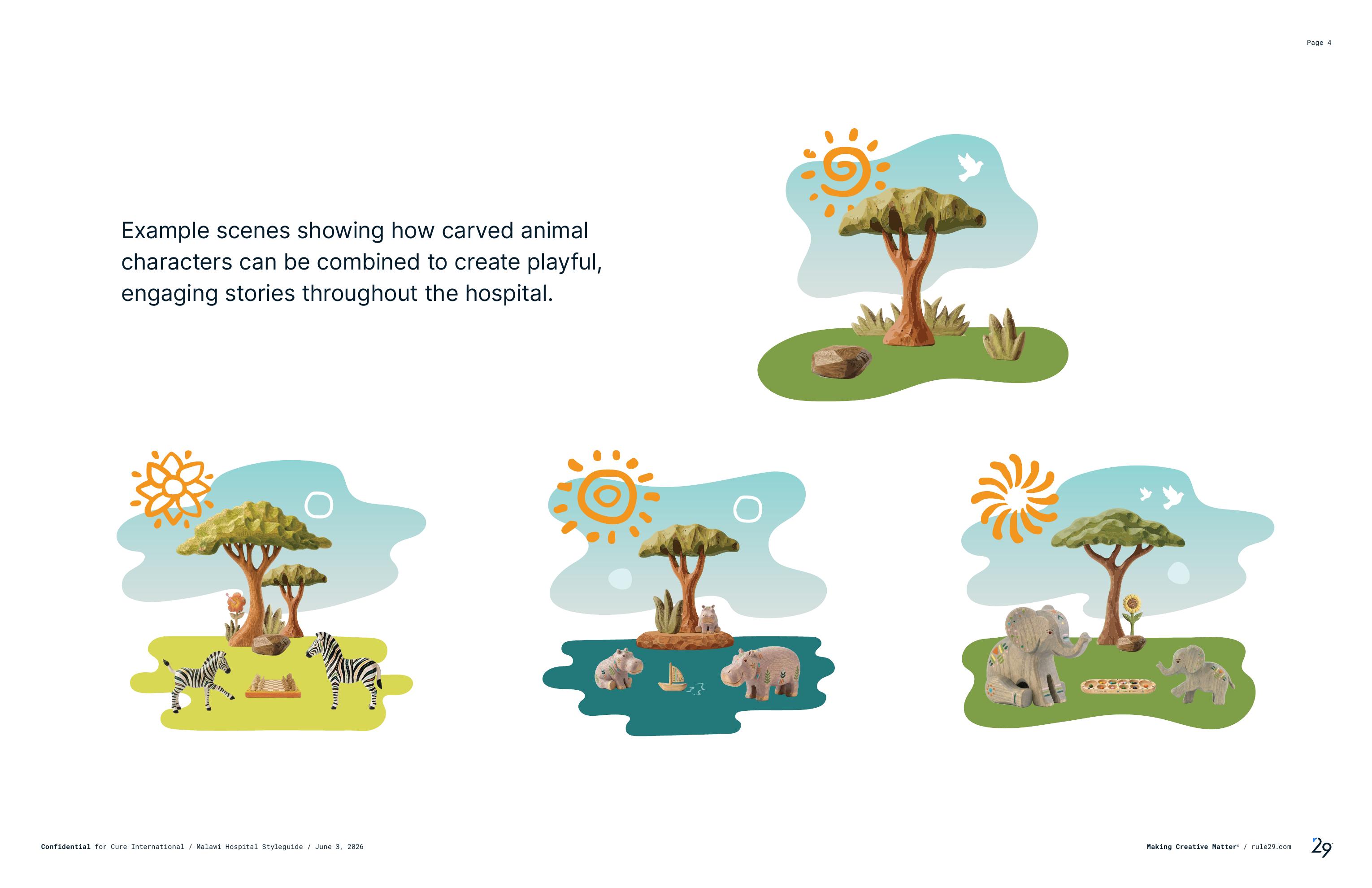 Example scenes mixing carved animals: zebras with mancala, hippos in water with sailboat, elephant family with sunflower