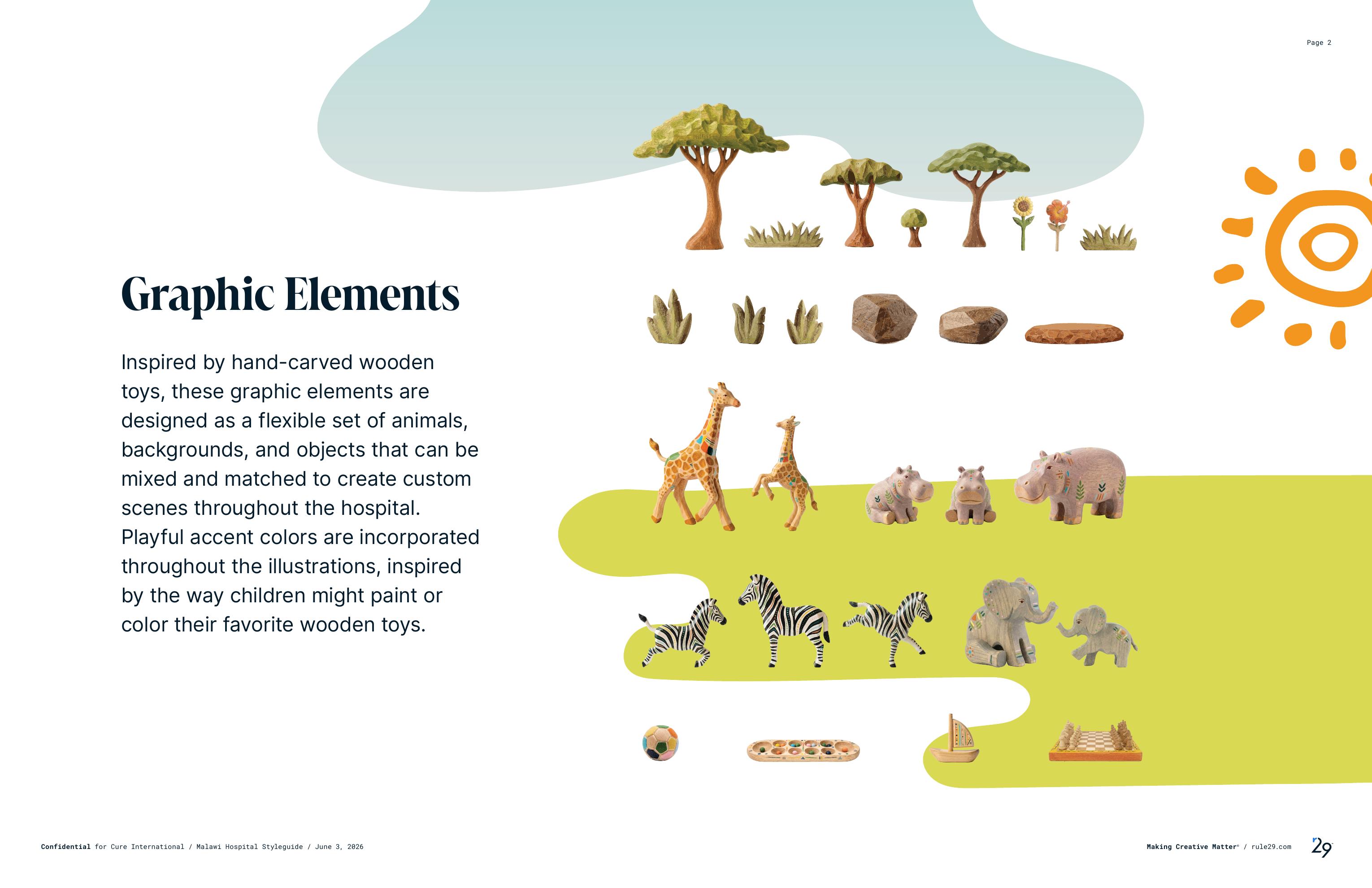 Graphic Elements page: hand-carved trees, rocks, grasses, giraffes, hippos, zebras, elephants, ball, mancala, boat and chess set