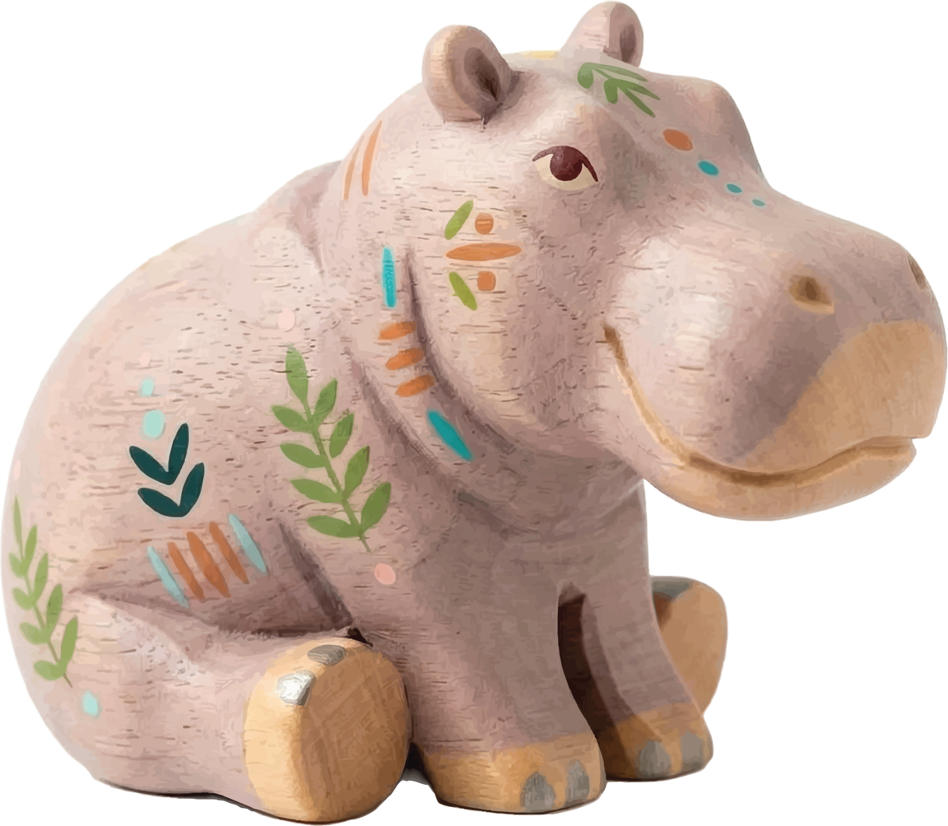 Hand-carved sitting hippo with green leaf and orange tally marks