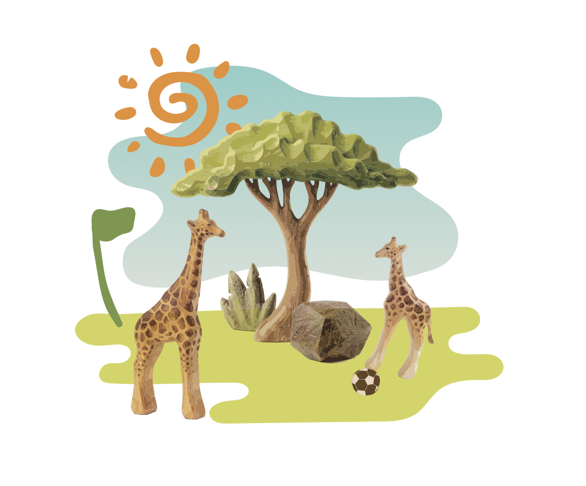 Sample scene with two carved giraffes under an acacia tree, sun, rock and soccer ball on a green plain