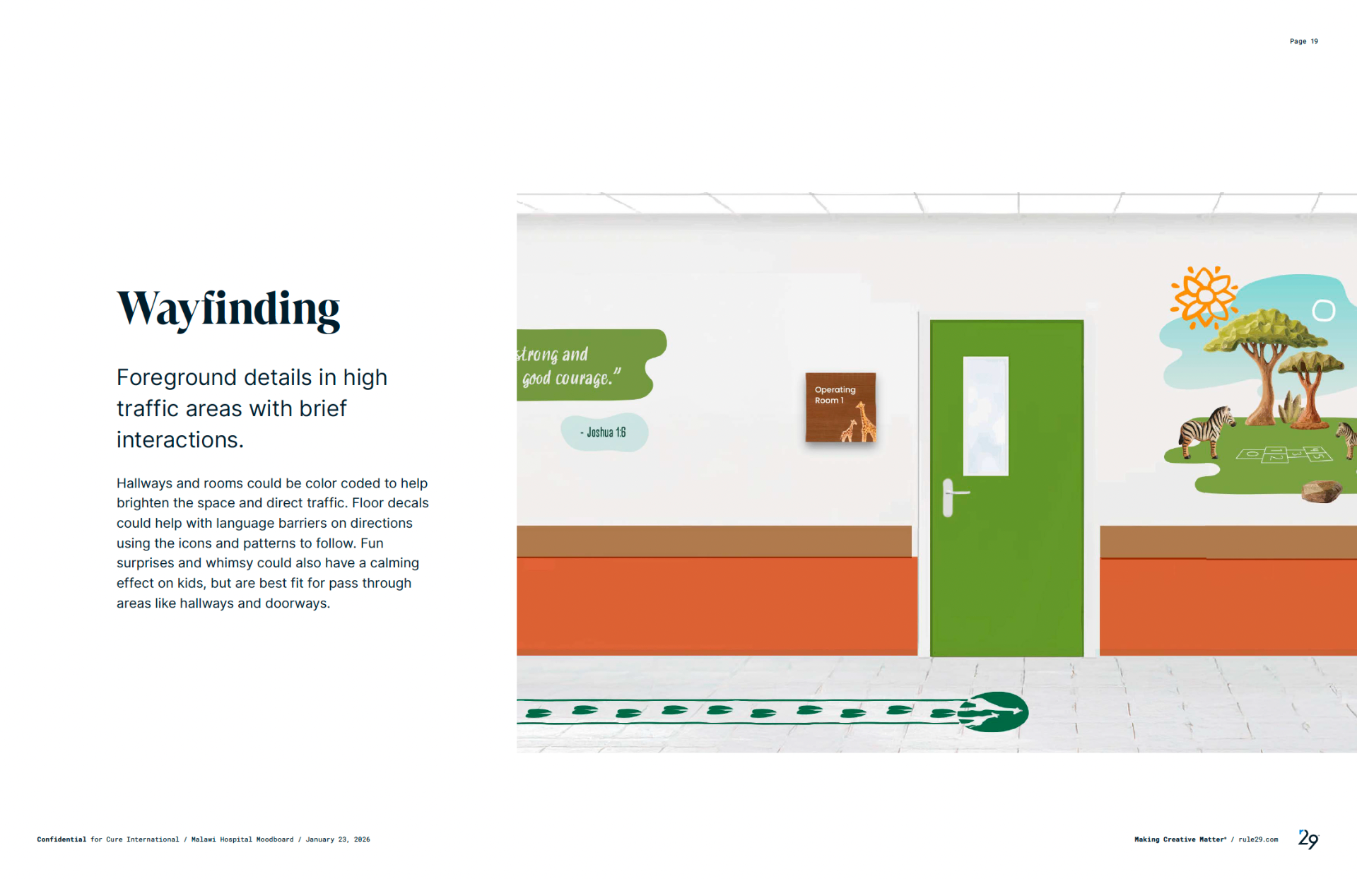 Wayfinding hallway render with green door, room sign, savanna mural and floor decal trail