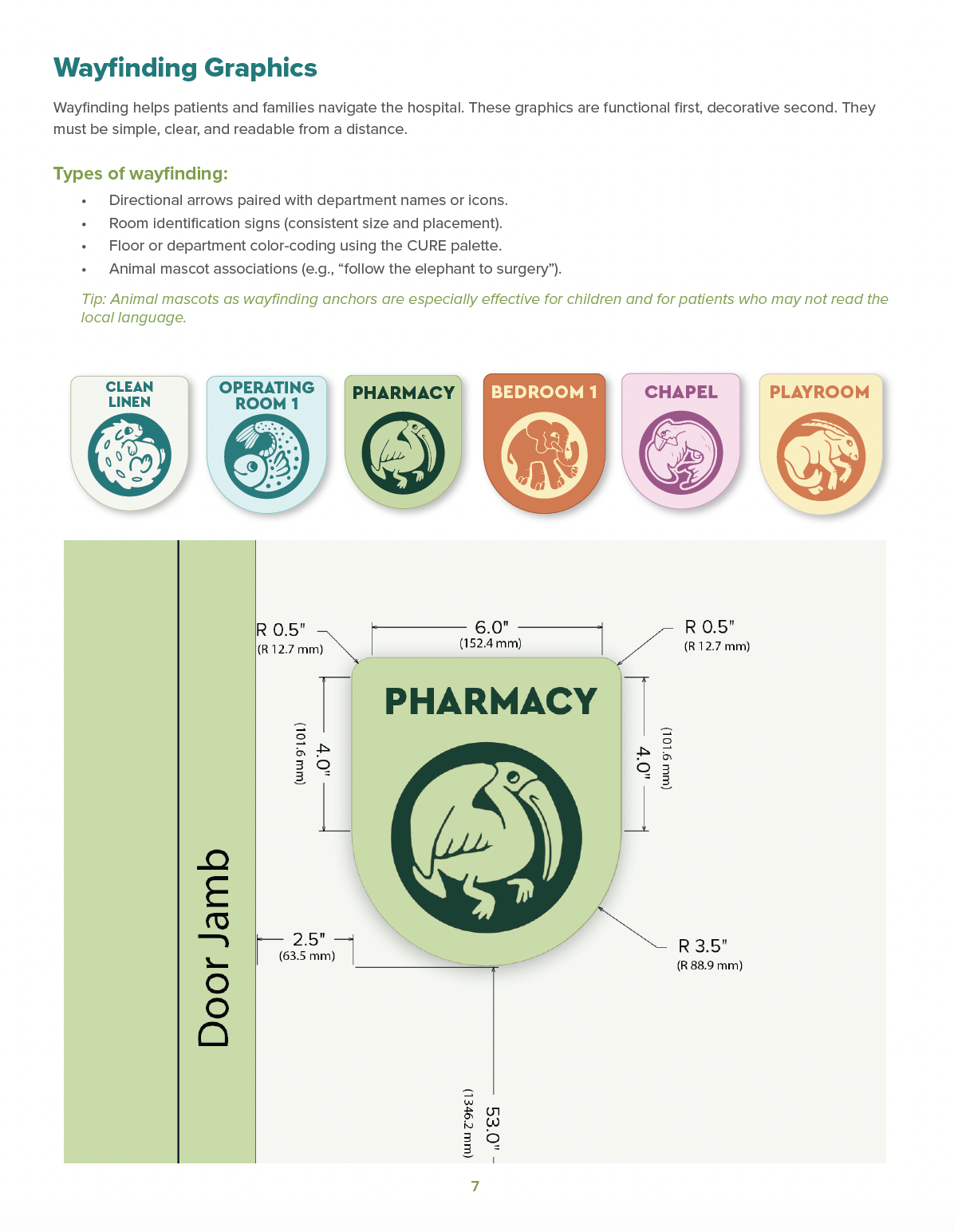 Wayfinding Graphics page with animal medallions and door-jamb spec drawing