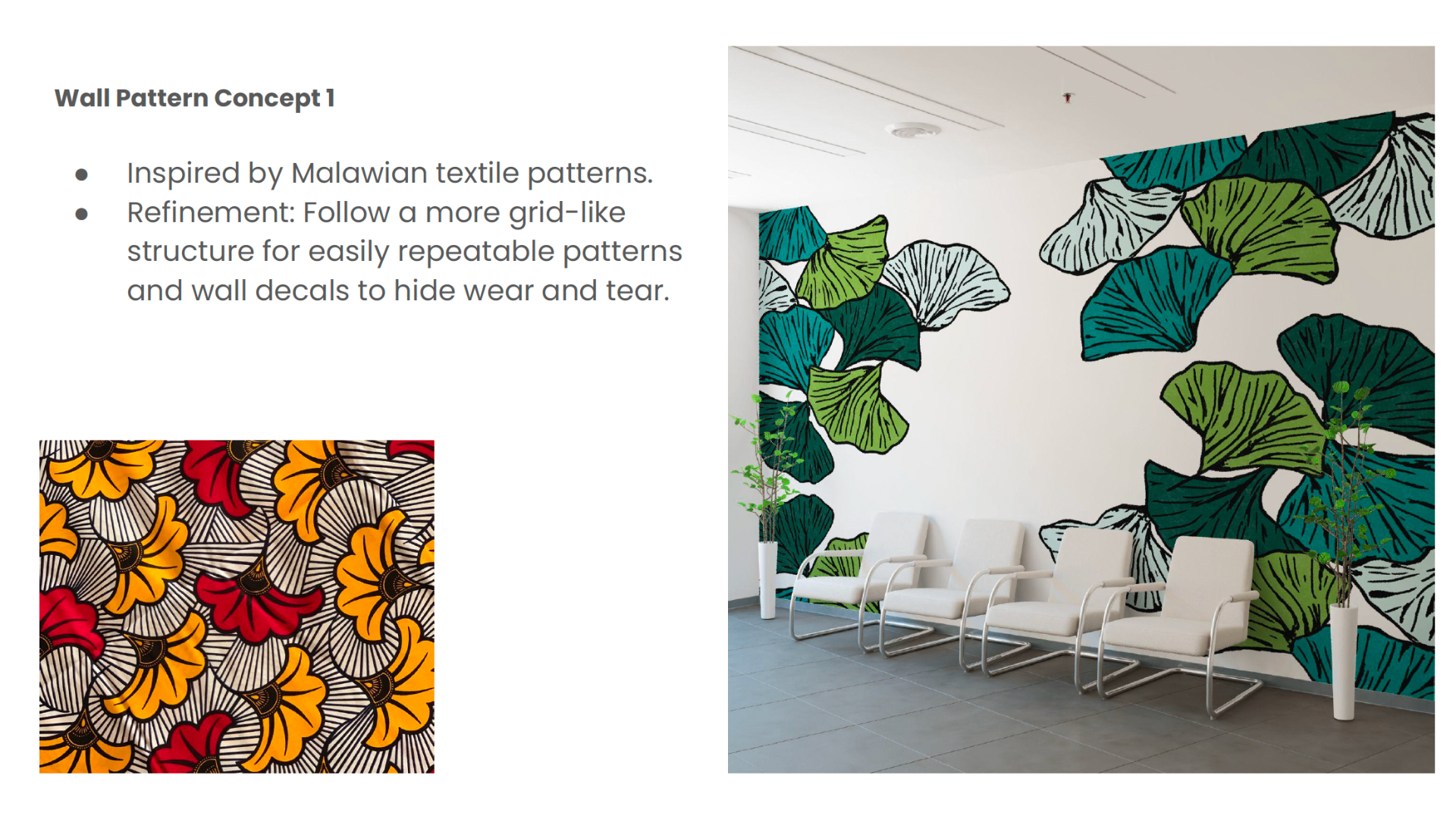Wall pattern concept inspired by Malawian textiles, ginkgo-like leaves