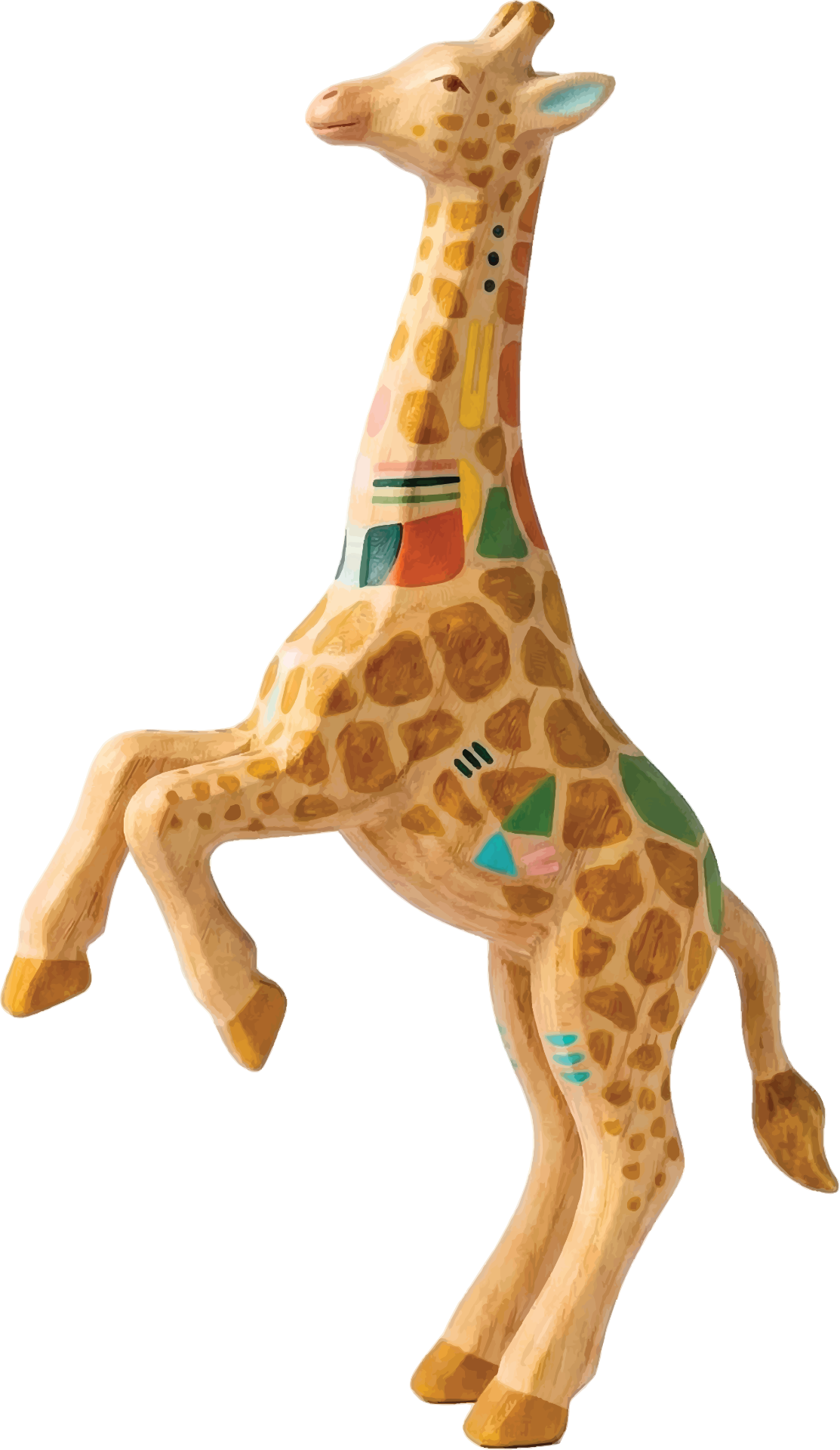 Hand-carved giraffe rearing up, with painted spots and dabs of teal and orange
