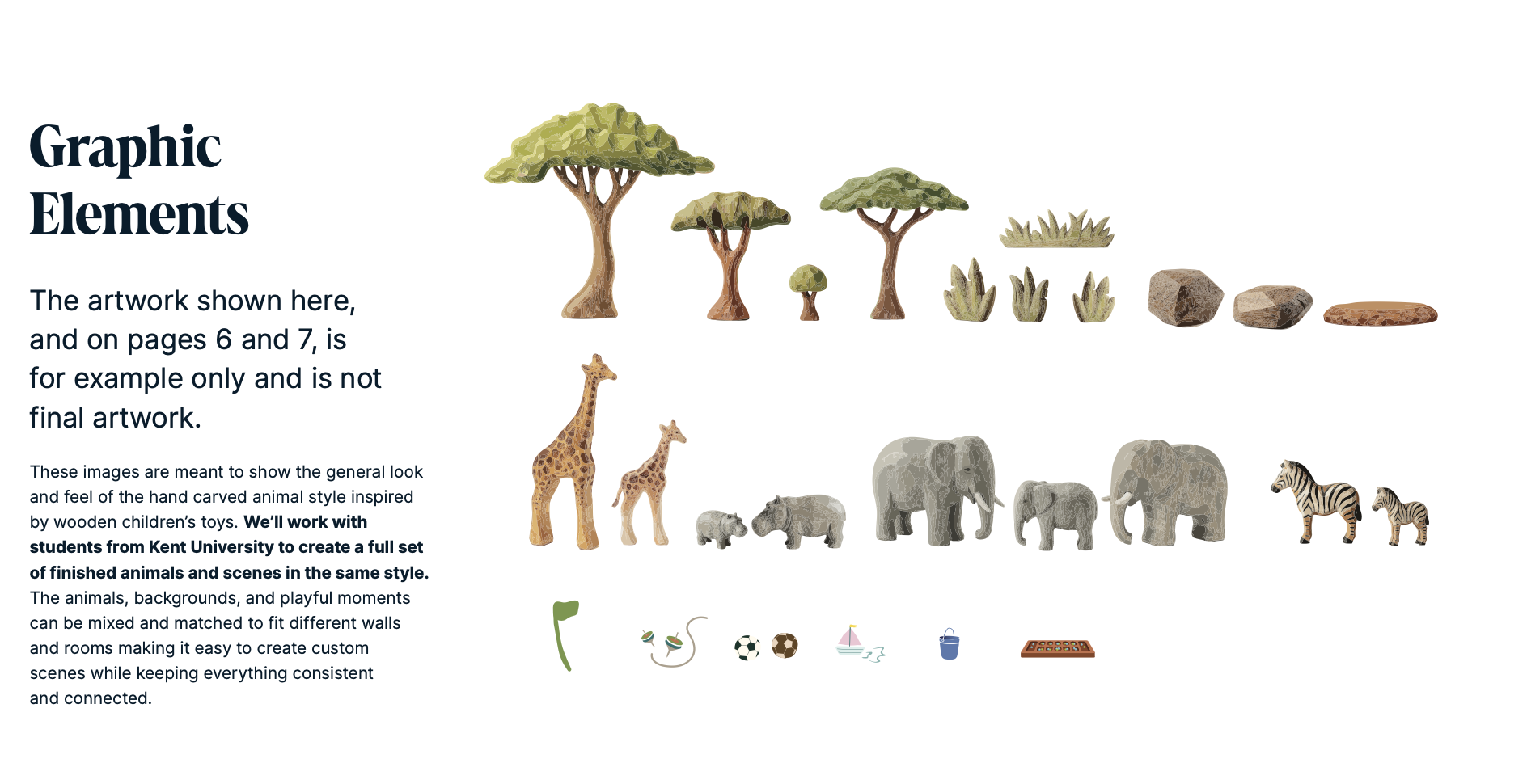 Graphic Elements page showing hand carved tree, plant, rock, giraffe, hippo, elephant and zebra figurines plus playful objects