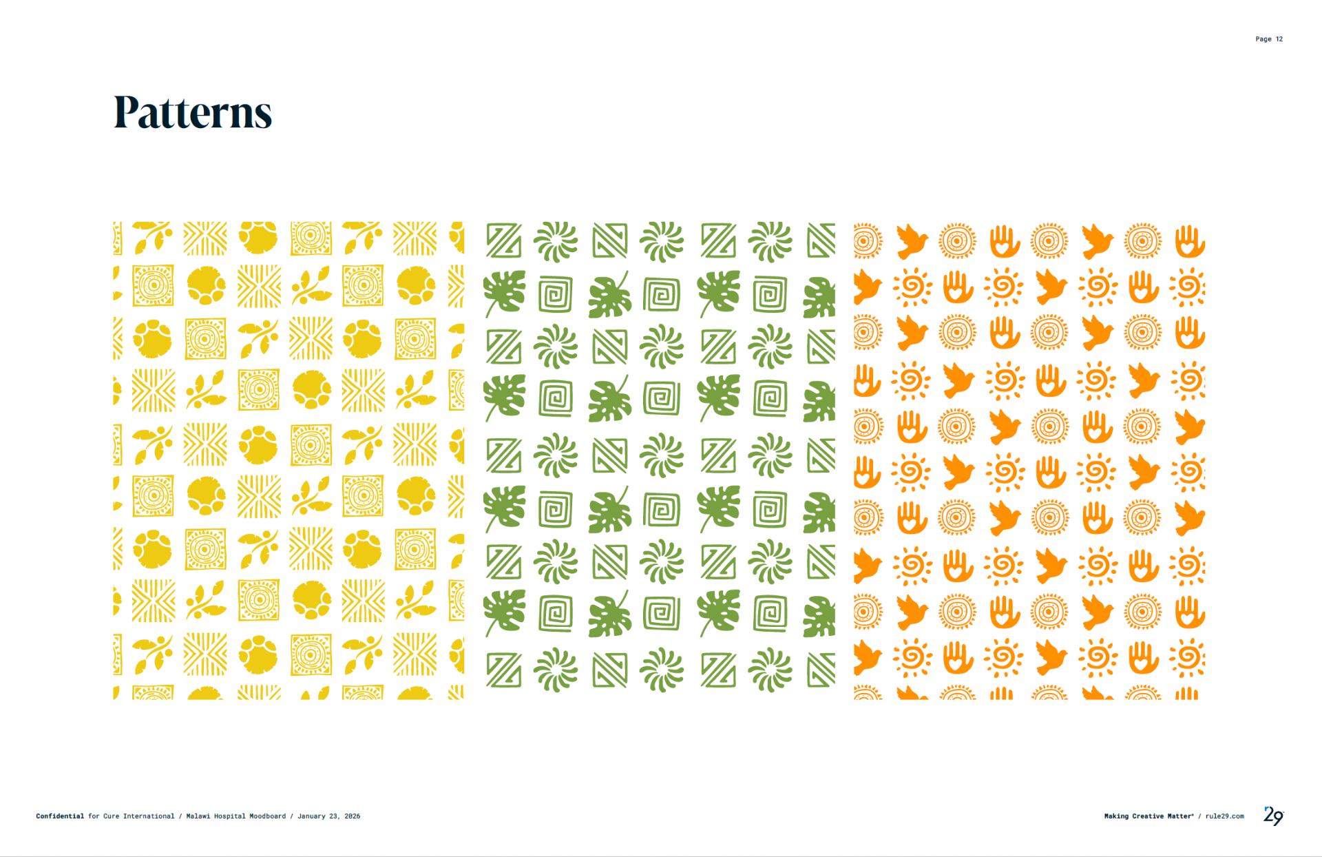 Three pattern grids: yellow textile motifs, green leaf and spiral, orange dove and sun