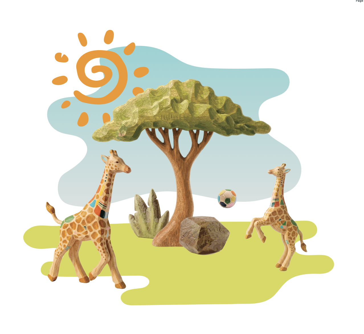 Hero scene: two hand-carved giraffes, acacia tree, swirling sun and soccer ball on a green grass field — signature mix-and-match composition
