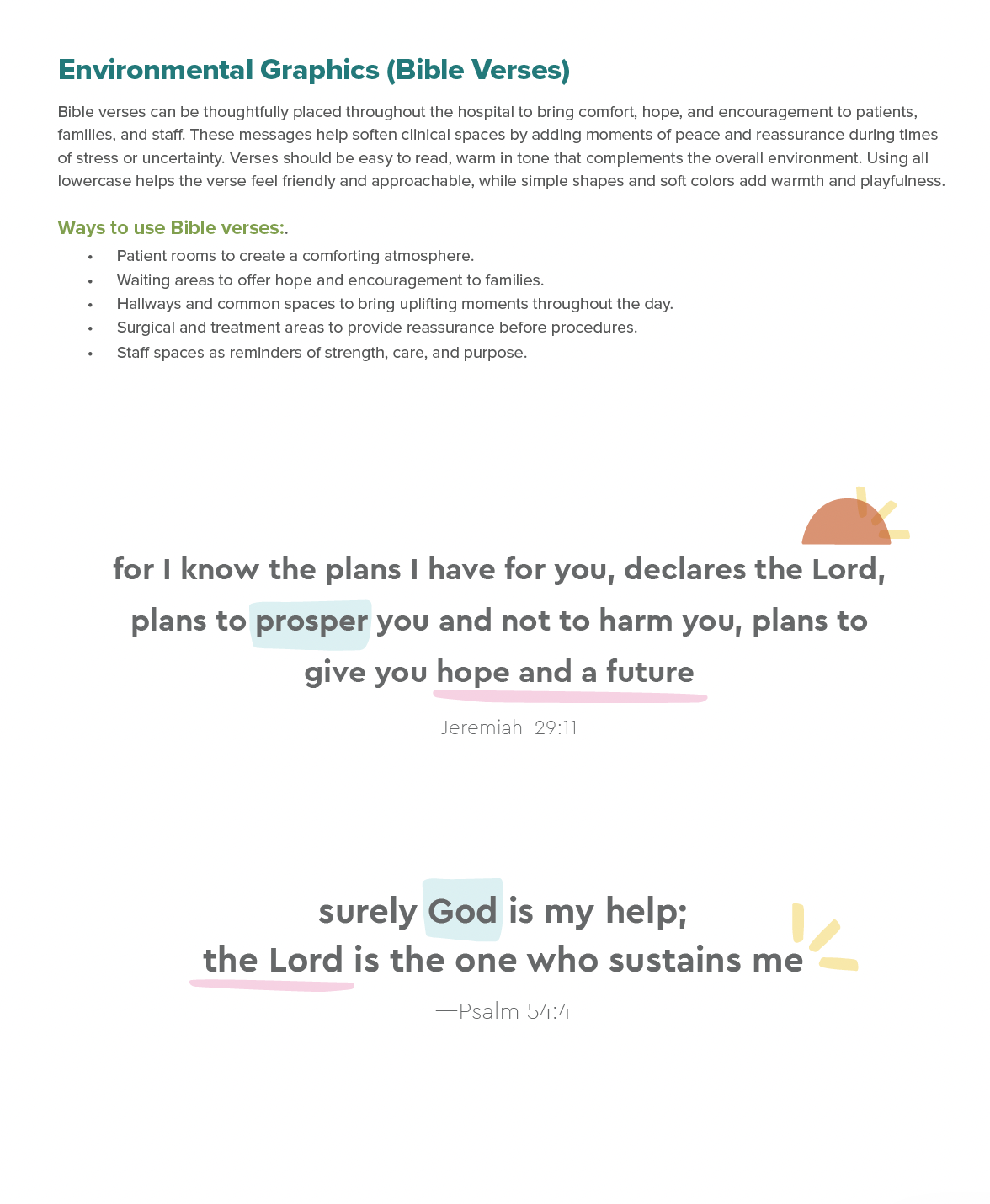 Environmental Graphics page with Bible verses Jeremiah 29:11 and Psalm 54:4