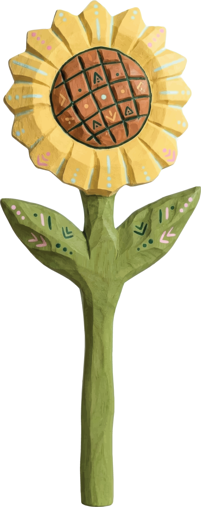 Hand-carved yellow sunflower with patterned terracotta center