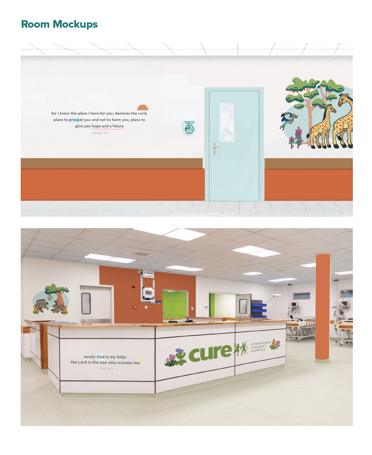 Room mockups showing hallway mural and reception desk with CURE branding