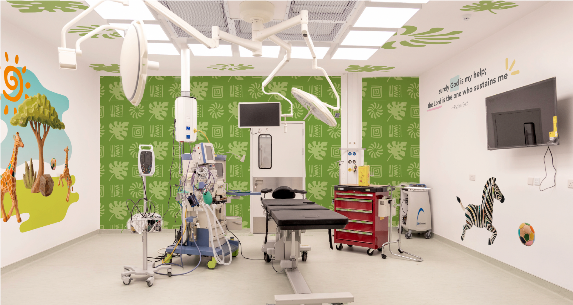 Operating room after transformation, designed healing space with murals