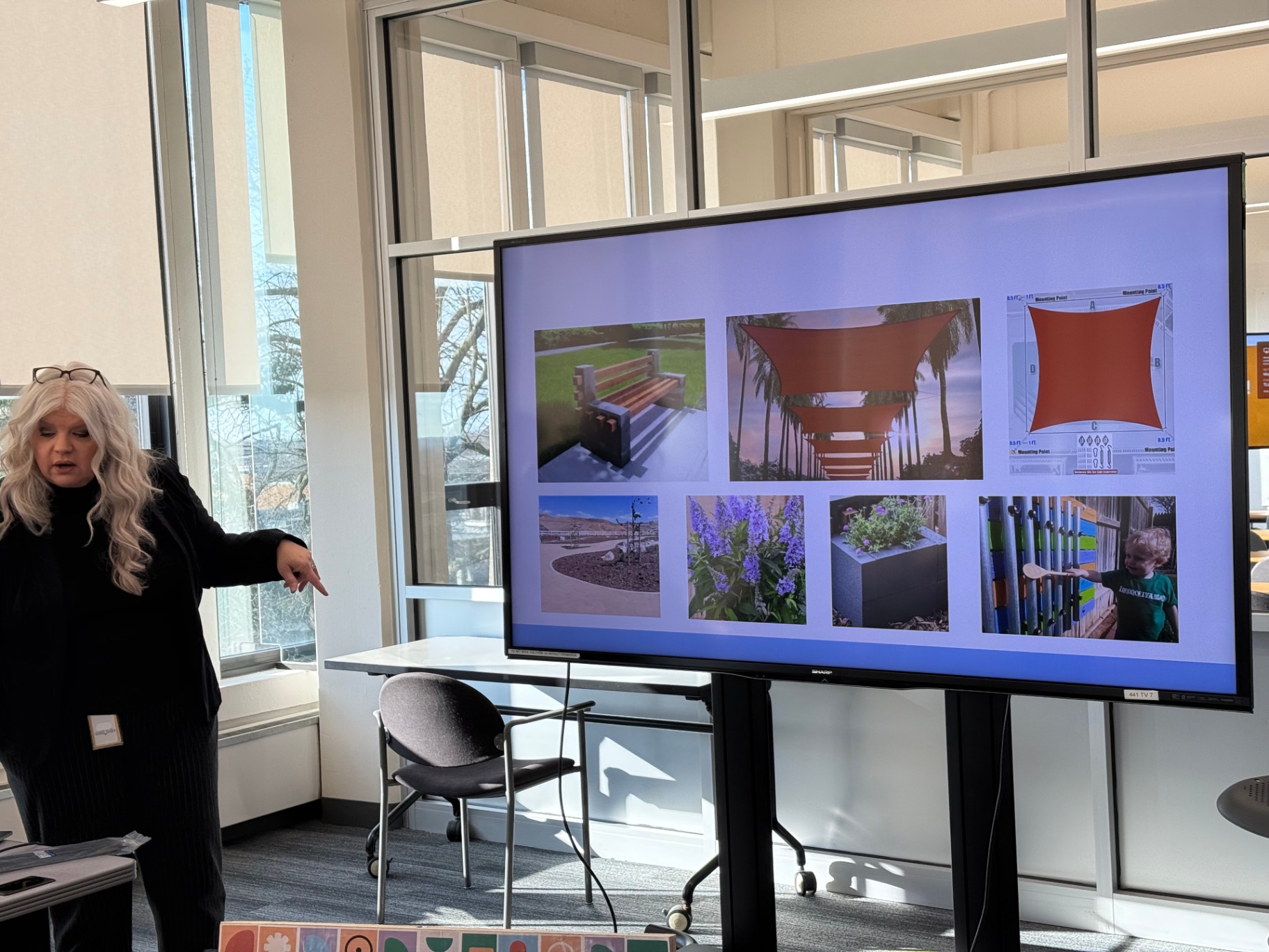Reference board of benches, shade sails, planters and sensory walls