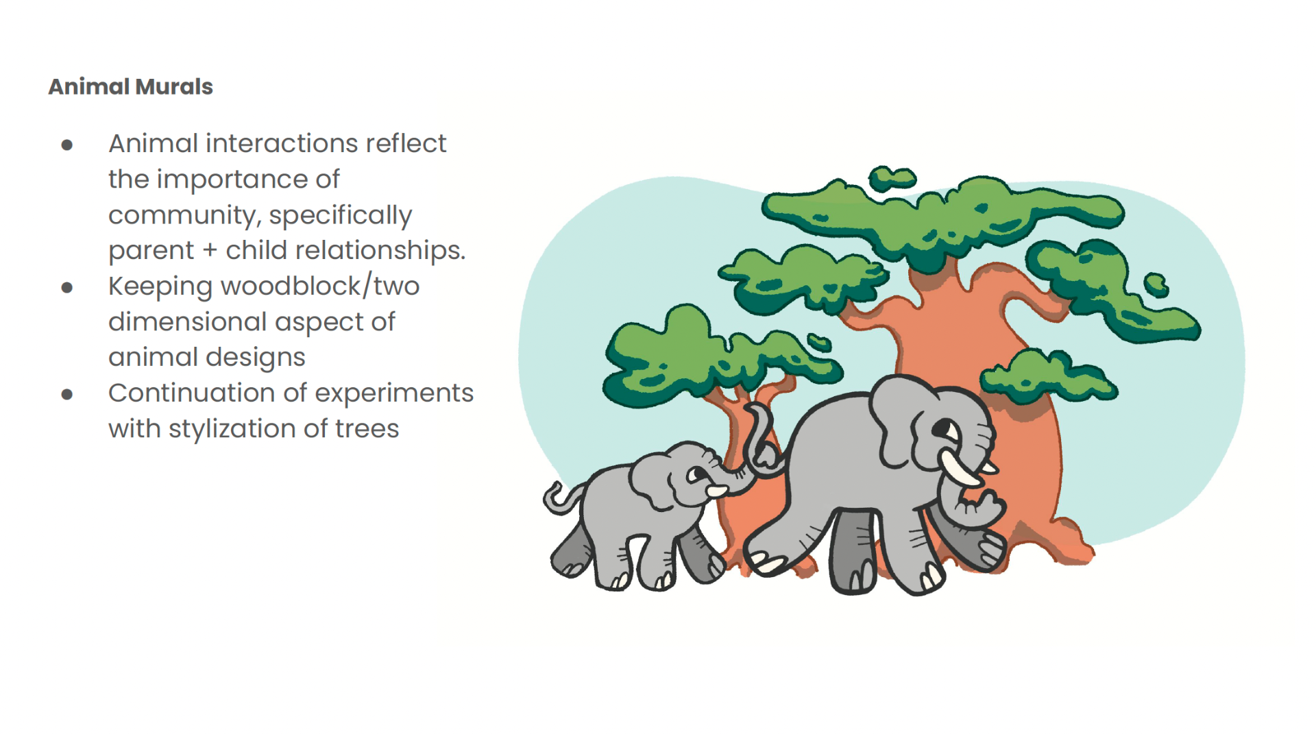 Animal mural concept with elephants and stylized baobab tree