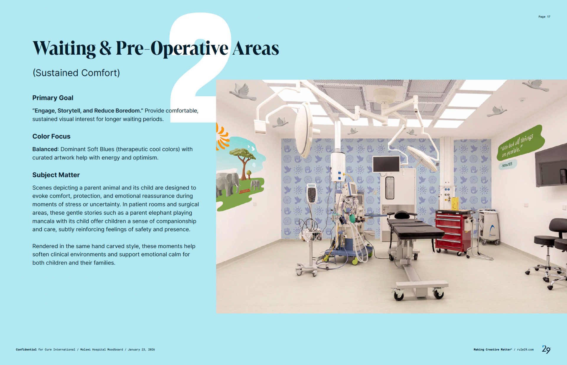 Waiting and pre-operative area with elephant family mural and dove pattern wall