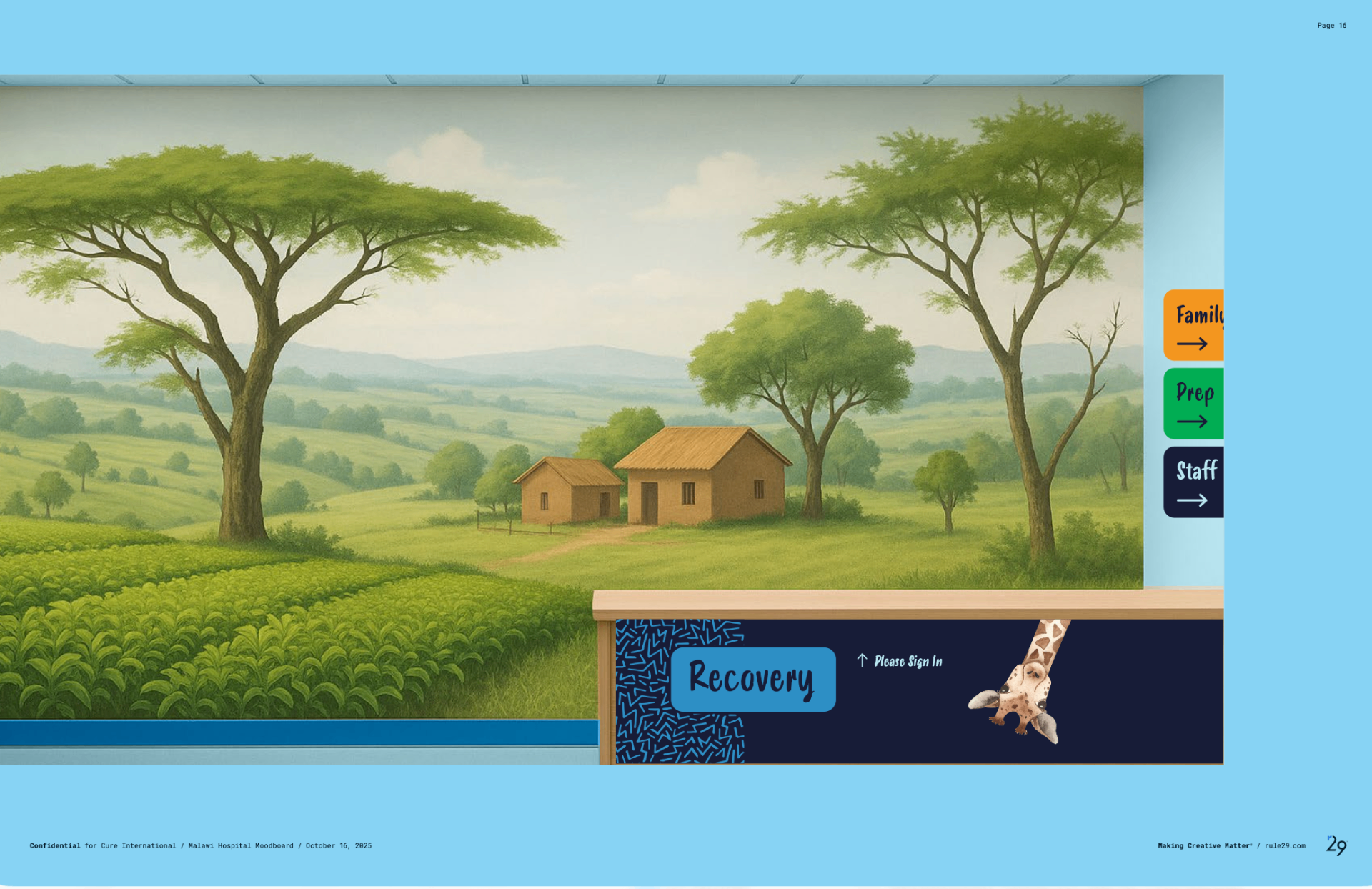 Reception render with savanna mural, wayfinding tags and patterned counter