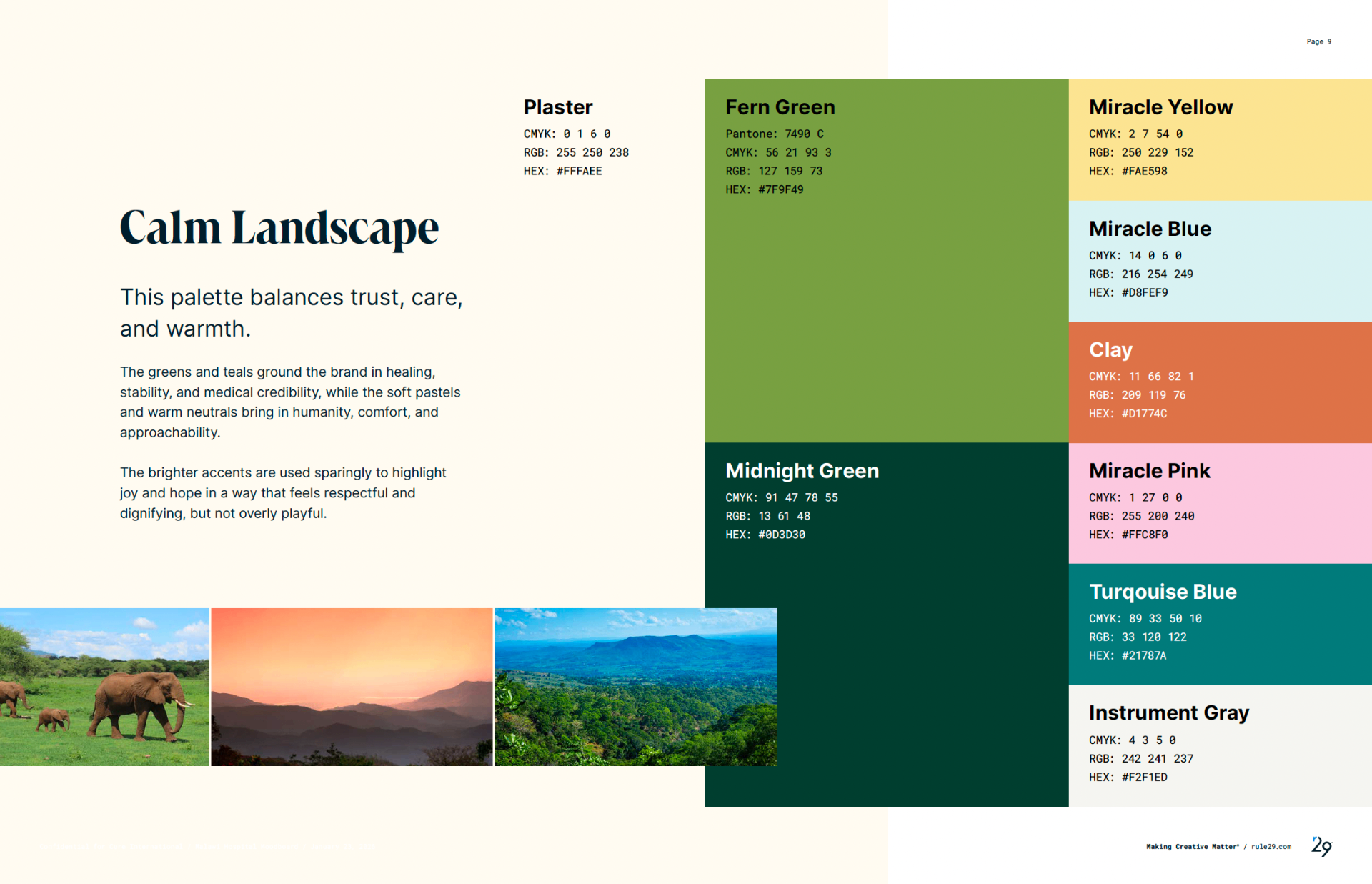 Calm Landscape palette with Plaster, Fern Green, Midnight Green, Miracle Yellow, Miracle Blue, Clay, Miracle Pink, Turquoise Blue, Instrument Gray