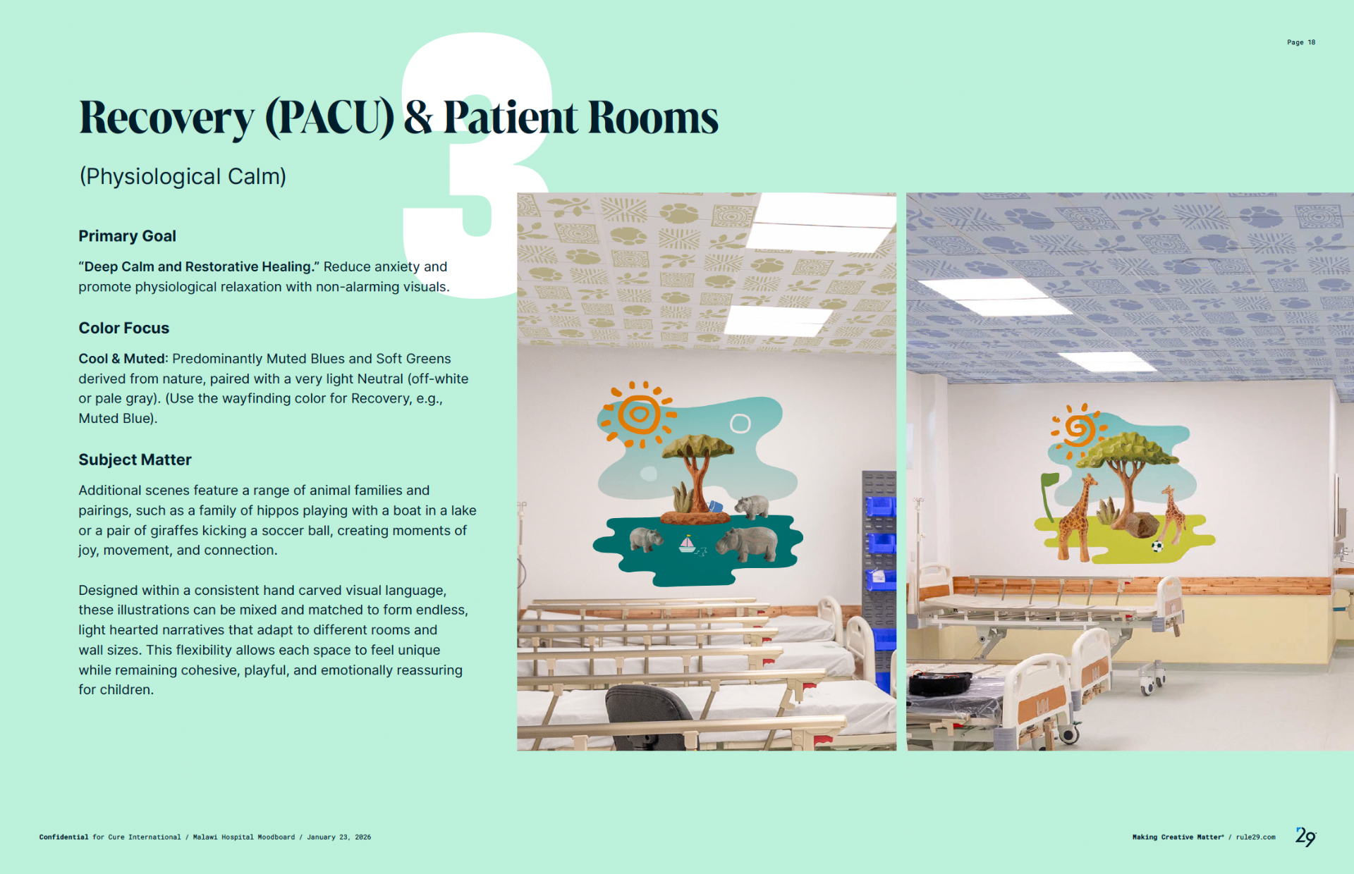 Recovery and patient room renders with hippo and giraffe family murals and patterned ceiling tiles