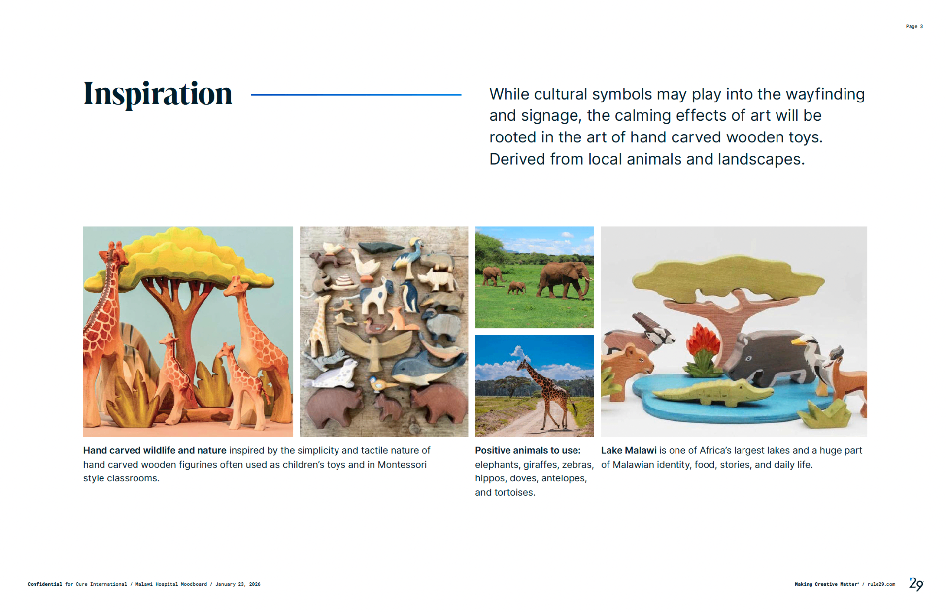 Inspiration page with hand carved wildlife, wooden figurines, elephants, giraffes, and Lake Malawi scene