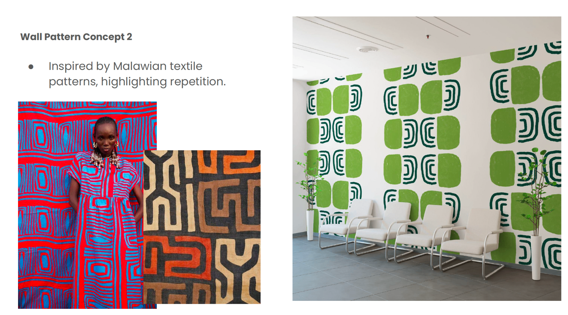 Wall pattern concept 2 with repeating green shapes inspired by Malawian textiles