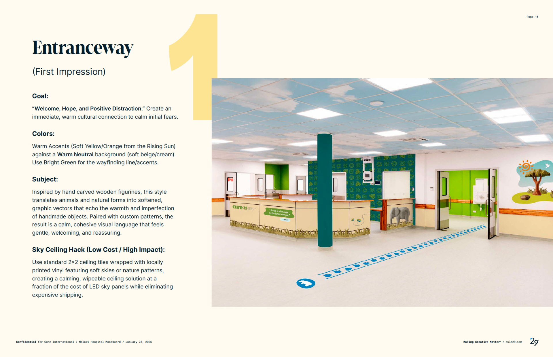 Entranceway render with sky ceiling tiles, patterned green wall, savanna mural and blue floor decals