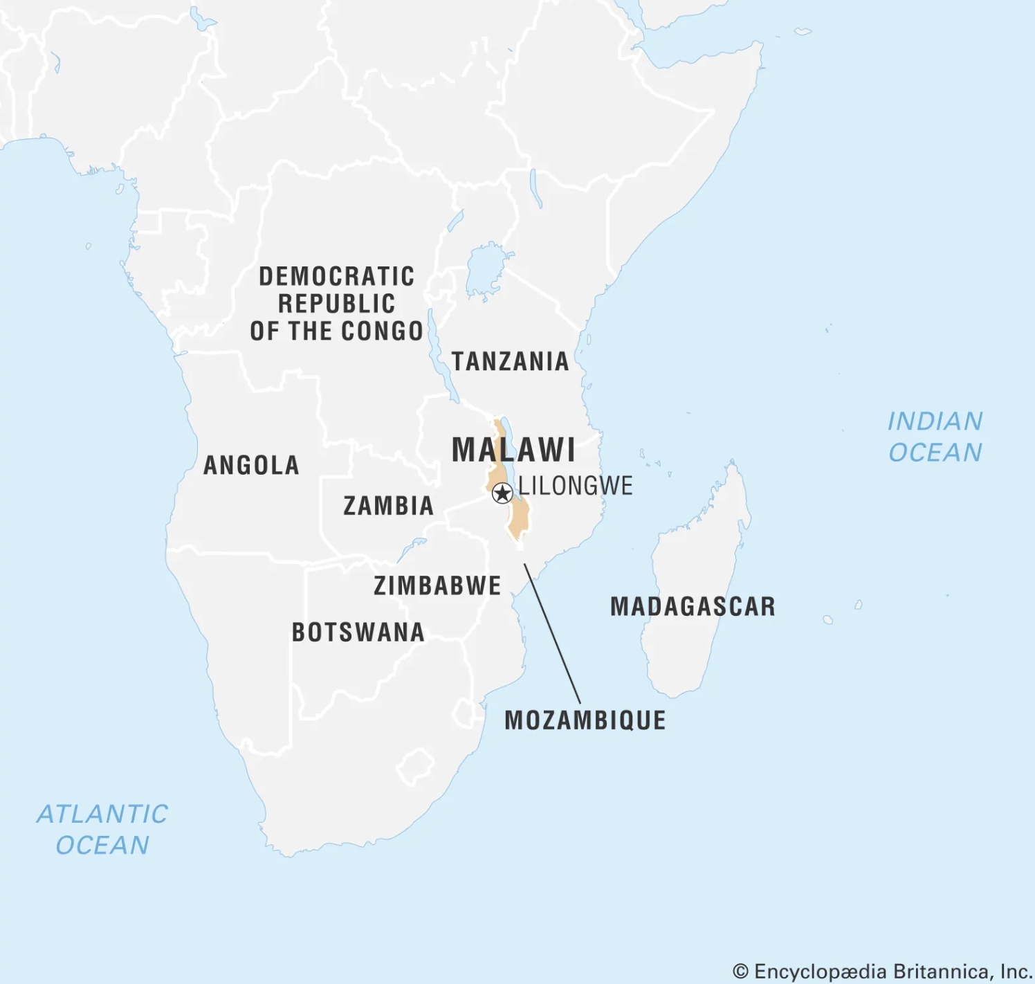 Map of Malawi in southeastern Africa