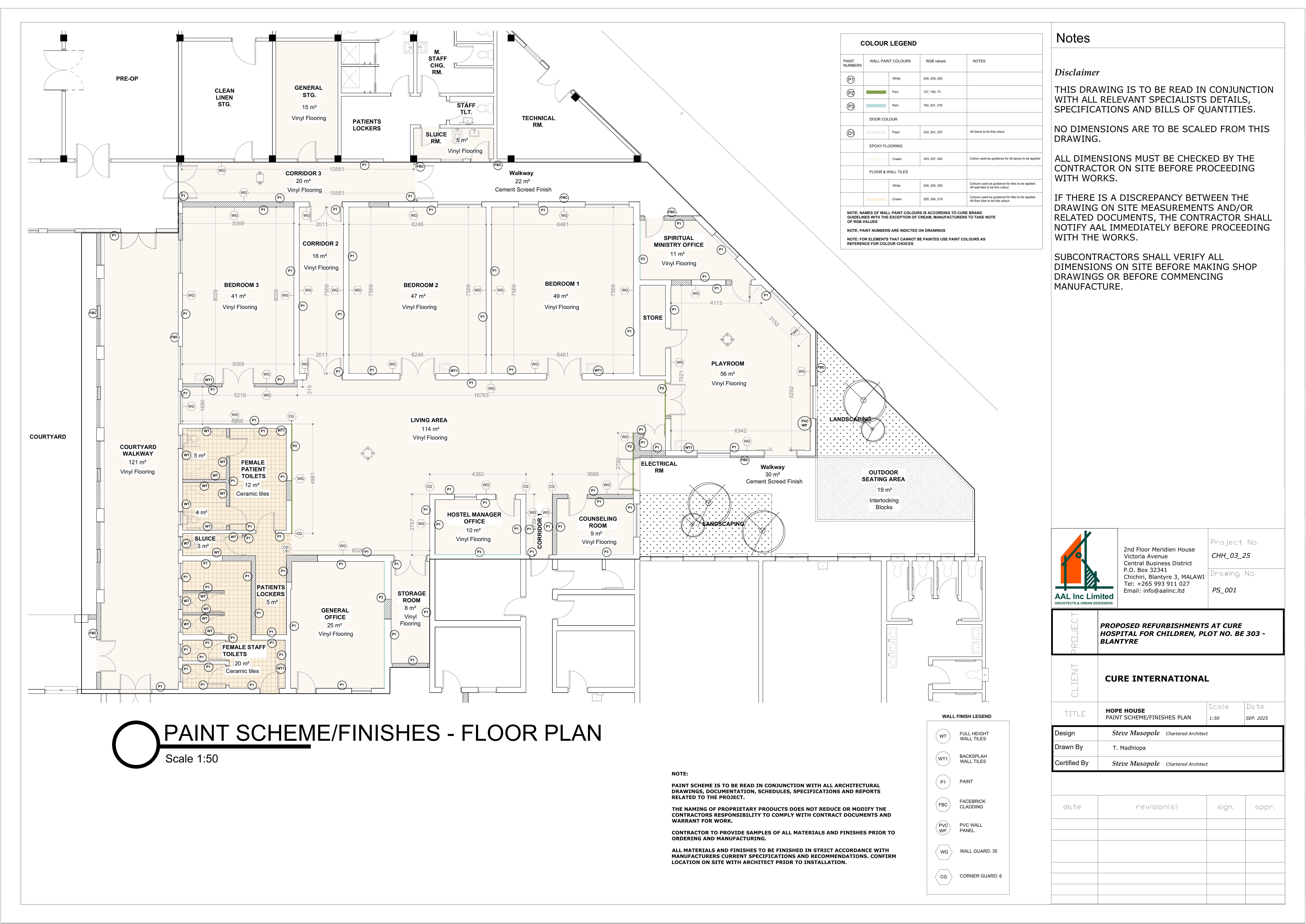 CURE Malawi Surgery Department Paint Scheme & Finishes Floor Plan, showing wall finish zones, paint accent walls and vinyl graphic locations across operating rooms, PACU, pre-op, nurse station, corridors and support spaces