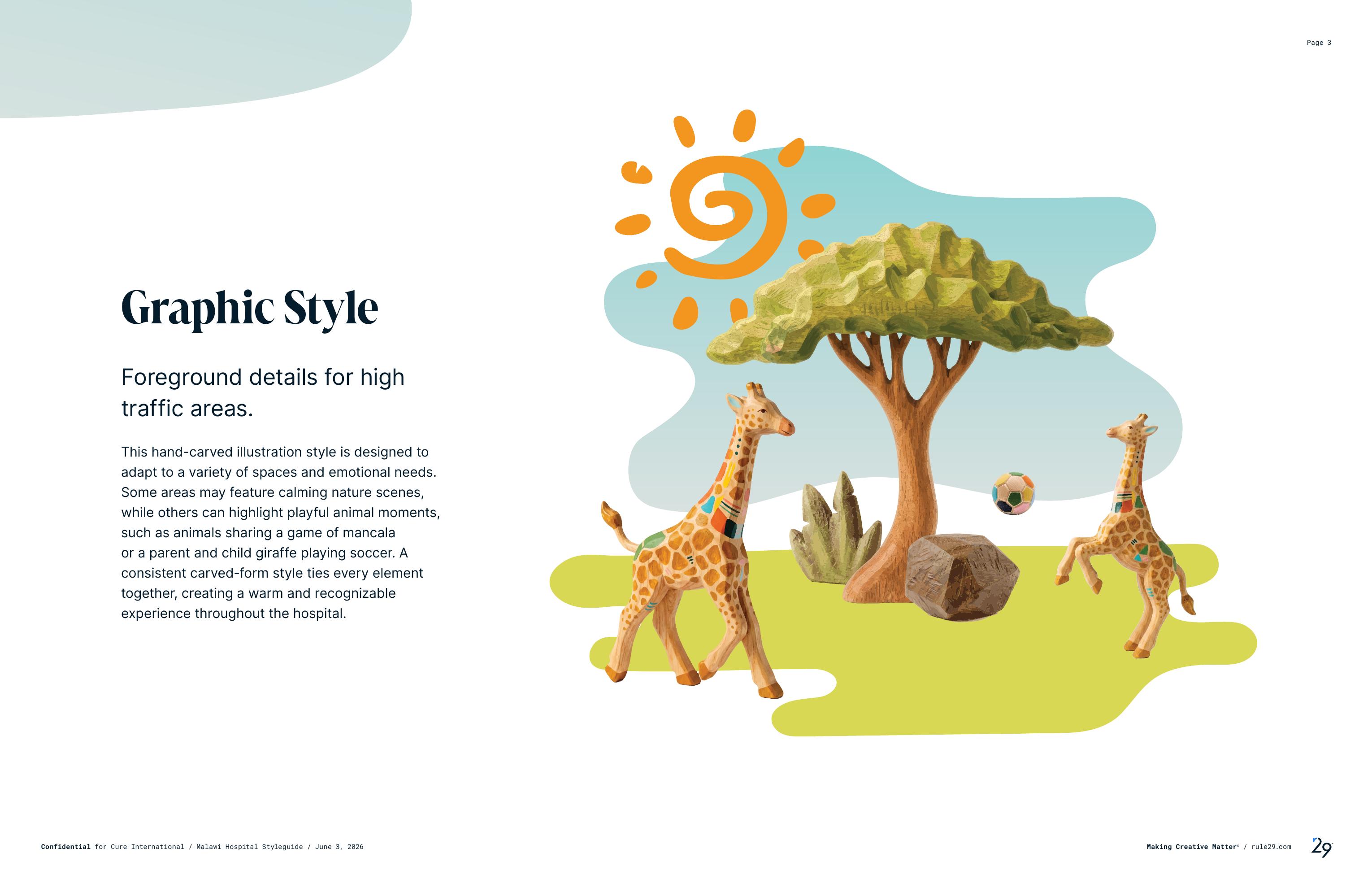 Graphic Style page: two carved giraffes, acacia tree, sun, soccer ball — foreground composition for high-traffic areas