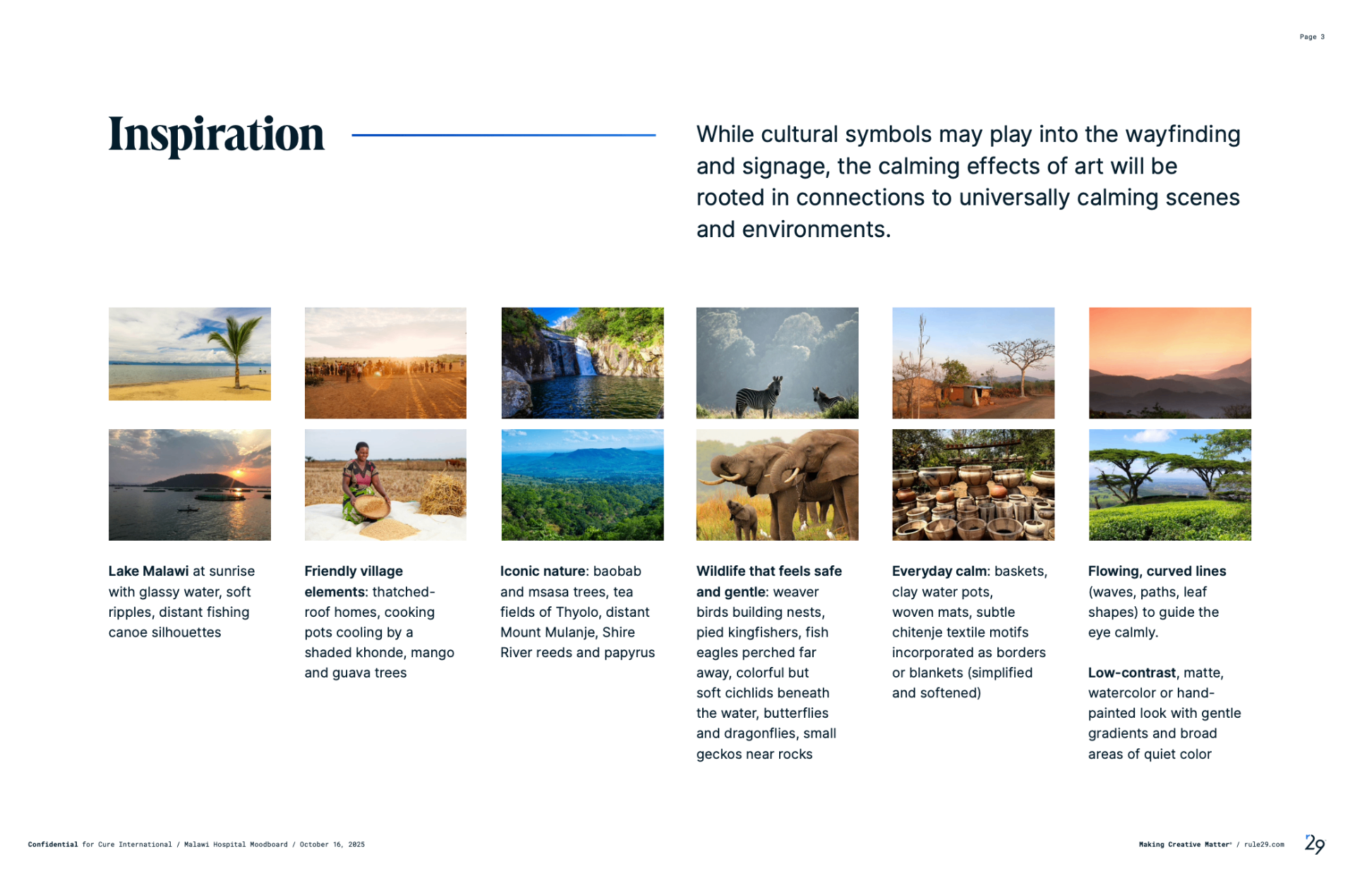 Inspiration board of Lake Malawi, villages, wildlife and curved natural forms